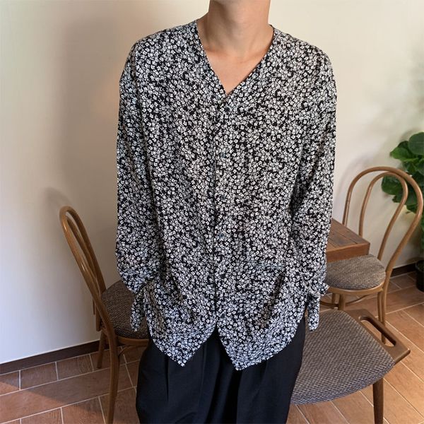 

autumn korean flower shirt men's fashion v-neck casual shirts mens streetwear wild loose long-sleeved shirt mens dress, White;black