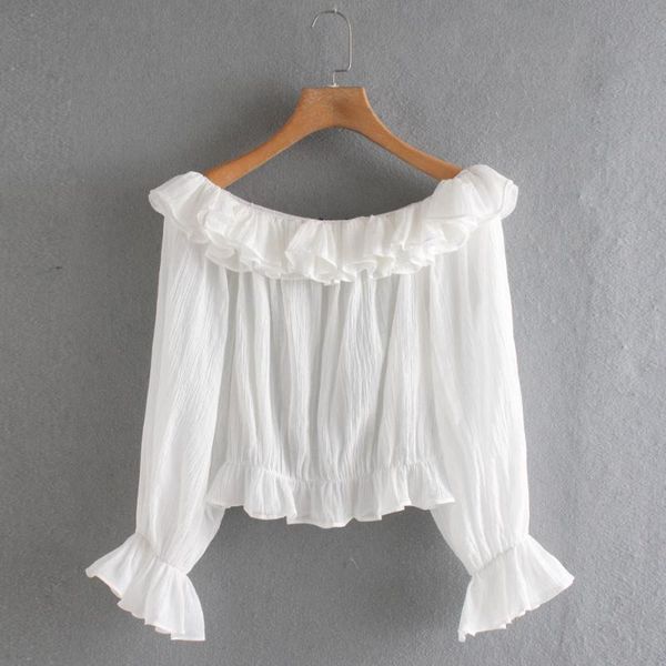 

women's blouses & shirts 2021 women solid cascading ruffles casual smock blouse long sleeve off shoulder chic femininas blusas ls6437, White