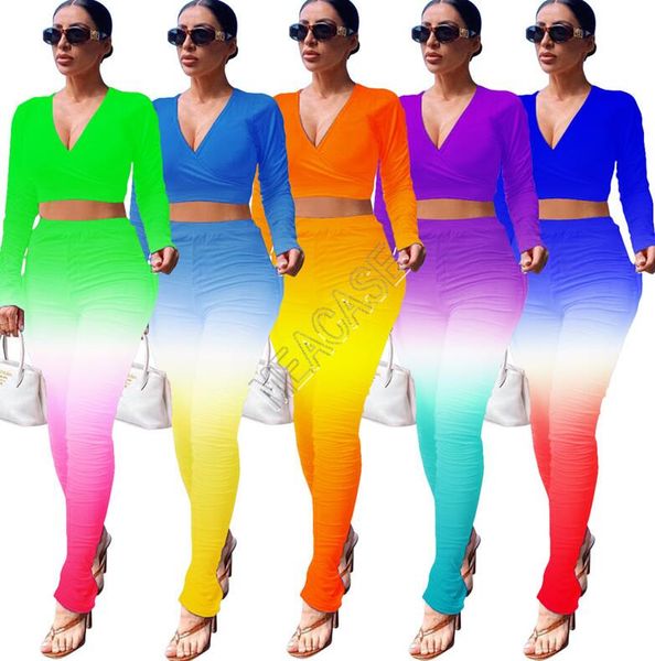 

women long sleeves tracksuit v-neck crop trousers pleated outfit hoodies legging pants two piece sets designer clothes plus size d81701, White