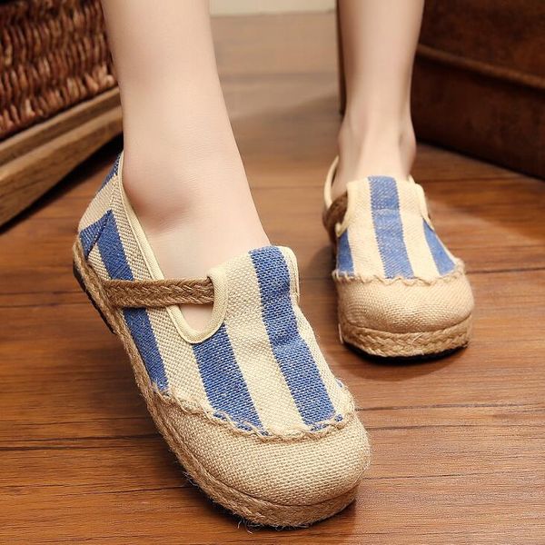 

striped women casual cotton cloth loafers handmade slip on ladies thick soled canvas flat shoes zapato mujer, Black