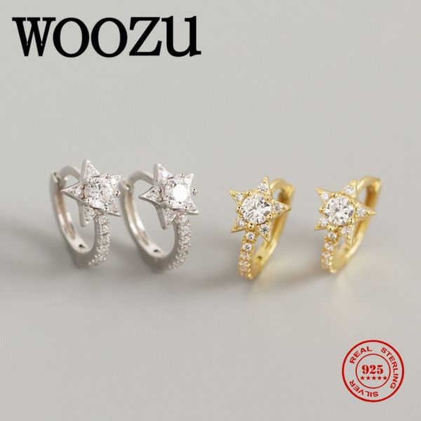 

hoop & huggie woozu korean men's rock shiny chic star ear buckle for fashion women genuine 925 sterling silver party wedding jewelry ea, Golden;silver