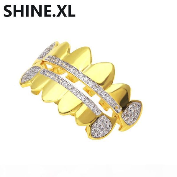 

18k gold plated iced out zircon fang mouth teeth caps & bottom tooth set men women vampire teeth fashion jewelry, Black