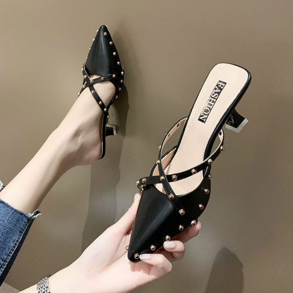 

лето новая женская обувь баотоу горками лето 6cm высокие каблуки toe rivet остроконечные мода крест ремень твердые тонкие каблуки мелкие пар, Black