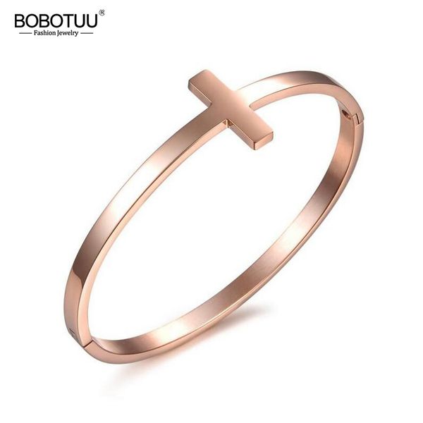 

bobotuu classic rose gold color cross bangles bracelets stainless steel open design cuff bracelets jewelry for women bogh642, Black