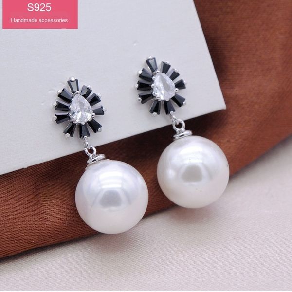 

925 sterling silver Diy Accessories pearl women's earrings platinum plated semi-finished Jewelry earrings DIY accessories zircon inlaid 4HRR