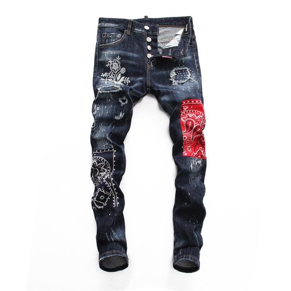 

men's deisgner pants fashion men ripped denim blue cotton luxury fashion tight hole zipper casual hip hop jeans size 28-38
