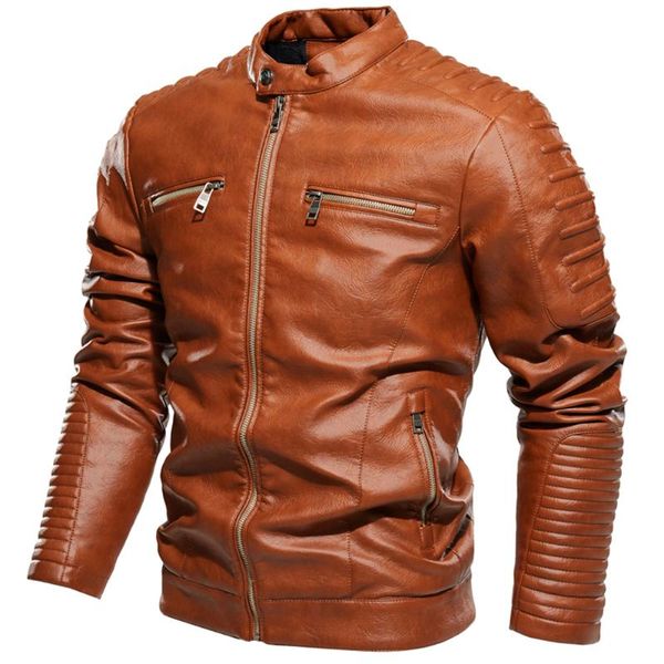 

jackets men stand collar pleated design brown motorcycle jacket men biker jacket and coats zipper slim fit coat autumn winter, Black;brown
