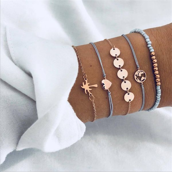 

5pcs/set coconut tree heart map charm bracelets for women bohemian ethnic beaded bracelet set female fashion jewelry wholesale, Golden;silver