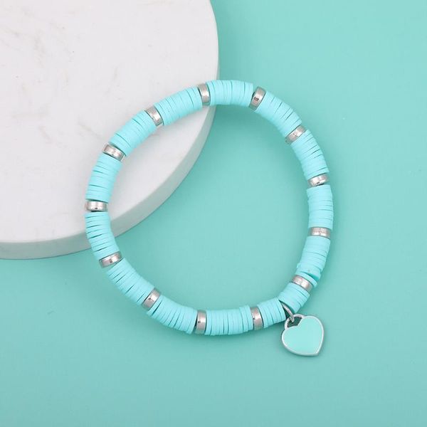 

6mm polymer clay beaded bracelets for women heart pendant charm blue bracelet bohemian handmade jewelry, Golden;silver