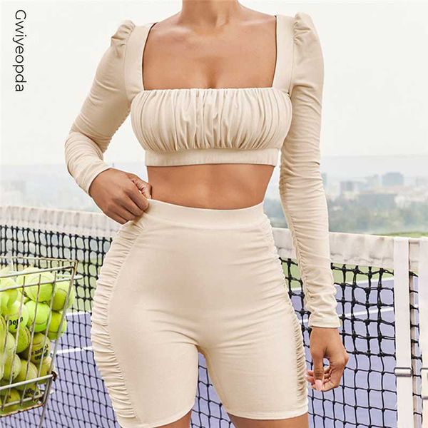 

women's tracksuits women fashion 2 pieces set square neck long sleeve bodycon t-shirt crop high waist biker shorts pants summer, Gray