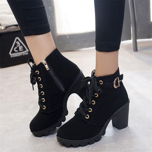 

siddons high heels snow boots women solid round toe lace-up chucky ankle boots 2020 winter fur platform shoes women botas mujer, Black