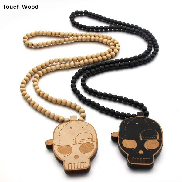 

wood beads skull pendant necklace hip-hop jewelry, Silver
