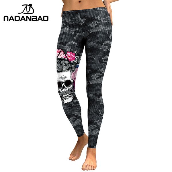 

nadanbao new arrival leggings women skull head 3d printed camouflage legging workout leggins slim elastic plus size pants legins, Black