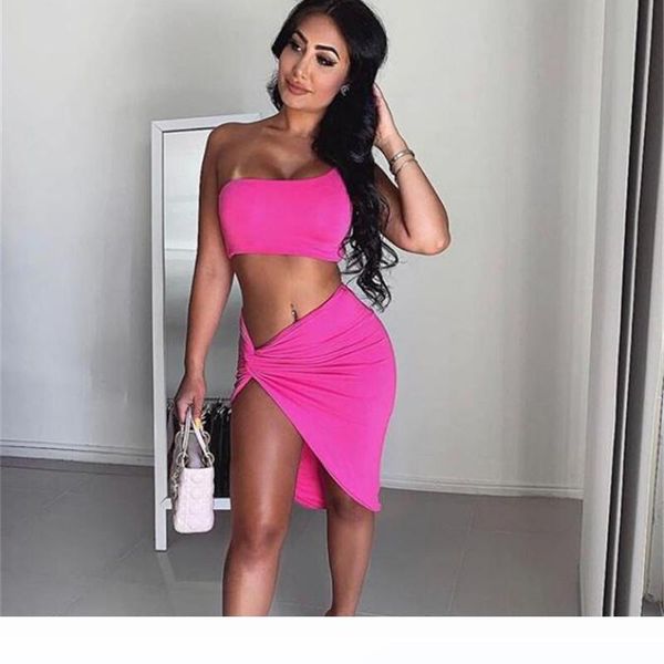 

one shoulder knotted slit two piece set crop and skirt club outfits summer dress matching sets, White