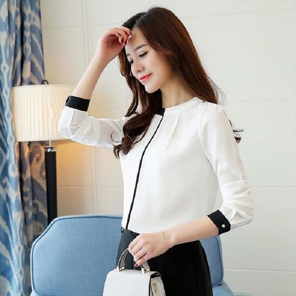 

office ladies blouse 2020 korean style elegant white chiffon short sleeve shirt patchwork stand neck overalls work plus size clothing