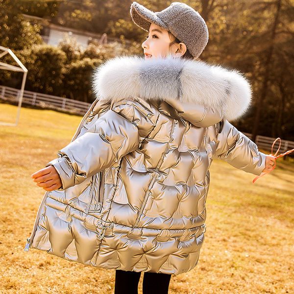 

Children Winter Long Hooded Coat Duck Down Jacket Fashion Shiny Snowsuit Kids Teen Girl clothes Boys Outerwear parka real fur
