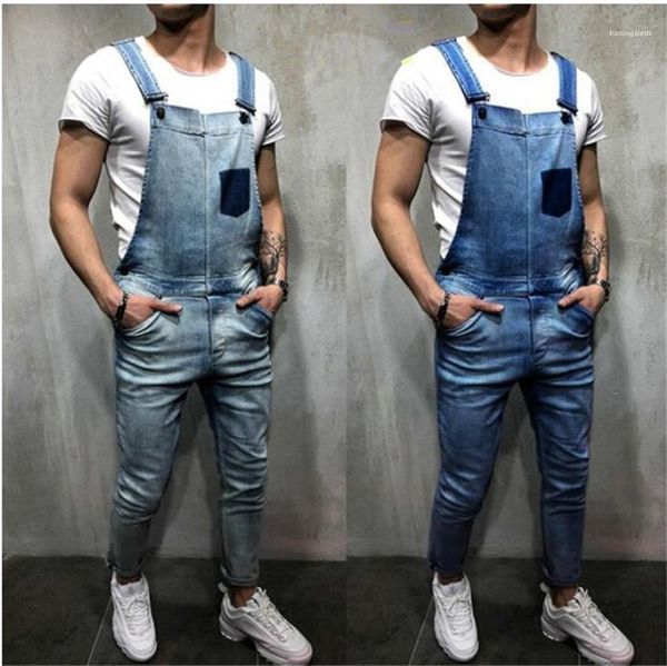 

pockets skinny vintage sleeveless man jeans mens designer jeans overalls summer fashion denim work pants with, Blue