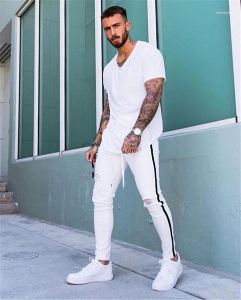 

карандаш jeans 2020 мода колено дыры мужские джинсы лето дизайнер pantalones улица скейтборд карандаш брюки мужские, Blue