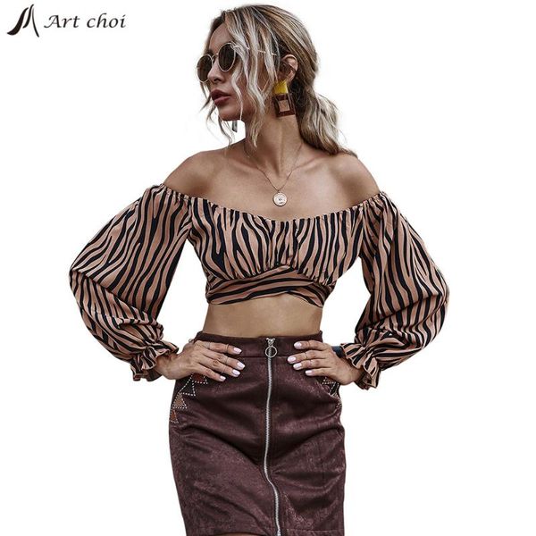 

2020 new women tiger lantern slim t shirt long sleeves high cross waist off shoulder navel v-neck crop pullover, White