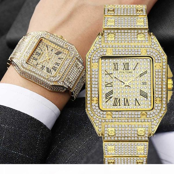 

square diamond men watch luxury gold iced out watch big dial quartz business wrist hip hop male clock relogio masculino, Slivery;brown