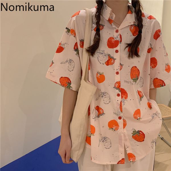 

nomikuma korean sweet short sleeve blouse strawberry printed casual loose shirts single breasted fashion blusas mujer 3c159, White