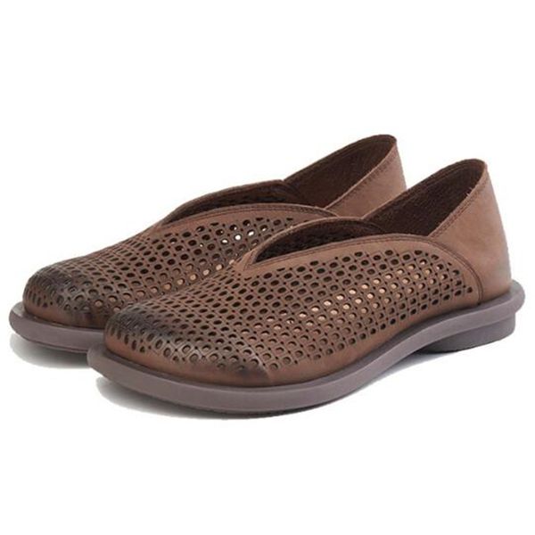 

summer woman sandals genuine leather slip on flat toe round toe shallow cutout comfy soft retro wedge women shoes size 36-44, Black