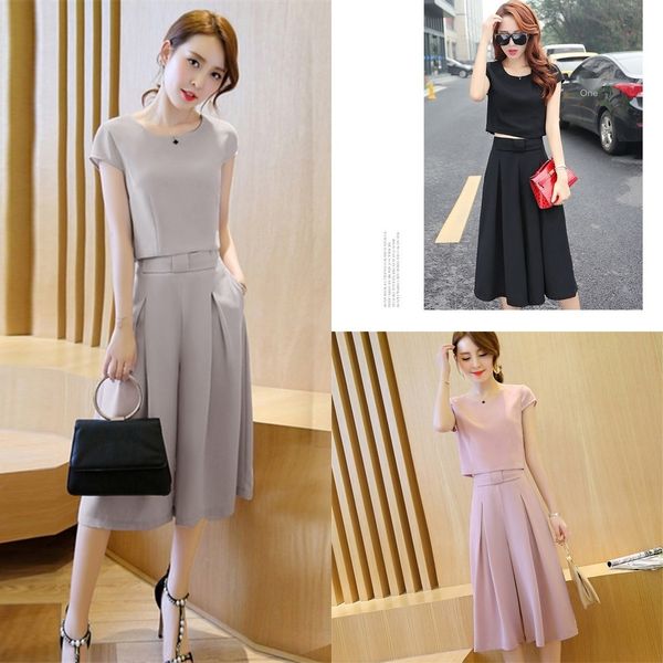 

2020 korean style wide leg capri pants short sleeve set t-shirt t-shirt women's summer new fashion elegant two-piece set rkb2l, Gray