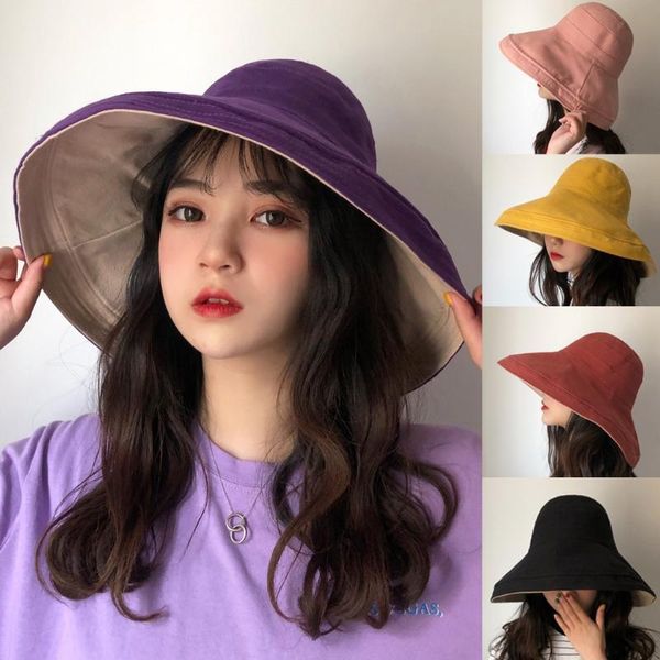 

summer fashion lady formal bucket hat foldable casual cap women two-sided elegant beach hat casual sunscreen protective, Blue;gray