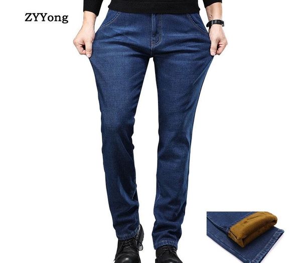 

winter keep warm men's plus velvet jeans trousers business casual loose straight black blue elasticity denim pants large size46