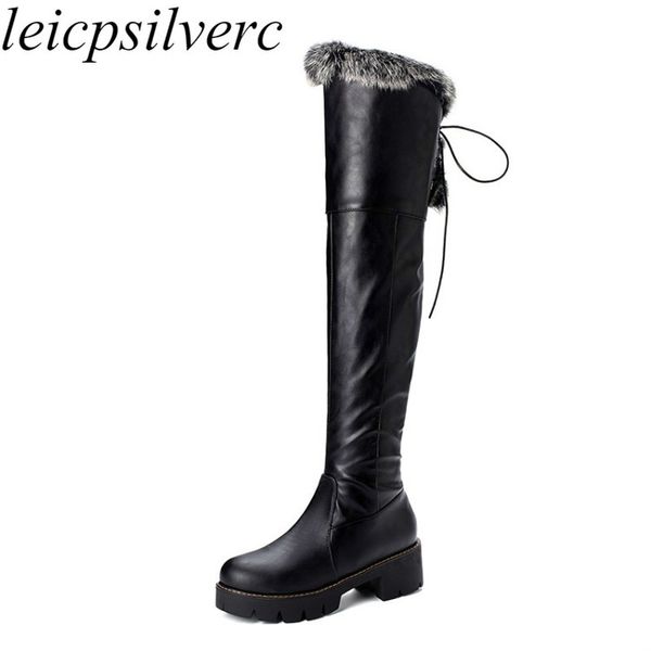 

women's boots autumn winter med heels round toe pu fur over the knee motorcycle boots platform 2020 new fashion black plush