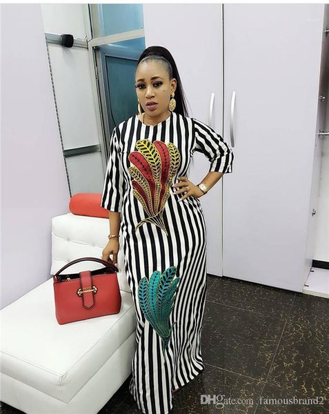 

white striped color feather print loose large size dress apparel 19ss women clothing luxury dress black, Black;gray