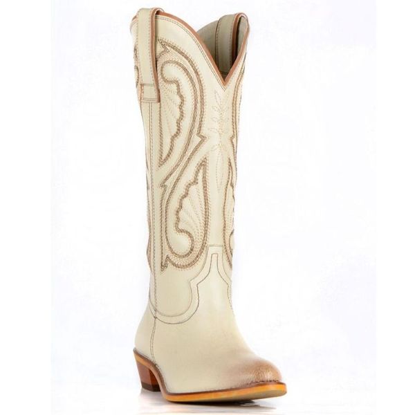 

footcourt- cream genuine leather round toe boots western style beige cowgirl boots embroidered shoes western stitch new fashion, Black