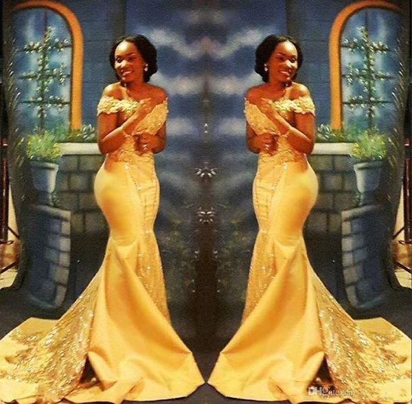 Elegante gelbe afrikanische Meerjungfrau-Abschlussballkleider, lang, 2023, formal, schulterfrei, Luxus-Perlenkristall-Satin, arabische Trompeten-Abendkleider