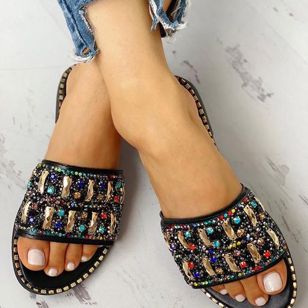 

women summer slippers open toe slides ladies flat sandals casual beach shoes female crystal rhinestone slippers chaussures femme, Black