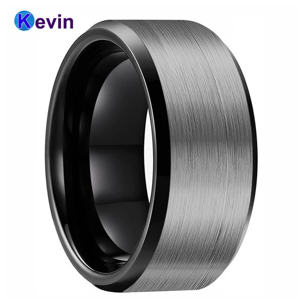 

10mm large black men ring tungsten wedding band with bevel brush finish comfort fit, Golden;silver