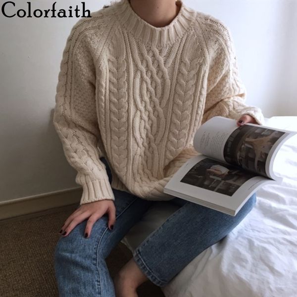 

colorfaith 2020 осень зима женские свитера пуловеры теплый минималистский корейский модный вскользь твердых сыпучих перемычки sw7033, White;black