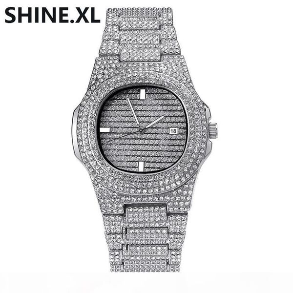 

mens watch quartz gold hip hop wrist watches with micro pave cz stainless steel wristband clock hours, Slivery;brown