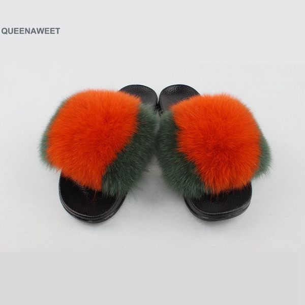 

colourful fur slippers women real fur slides home furry flat sandals female cute fluffy house shoes woman 2020, Black