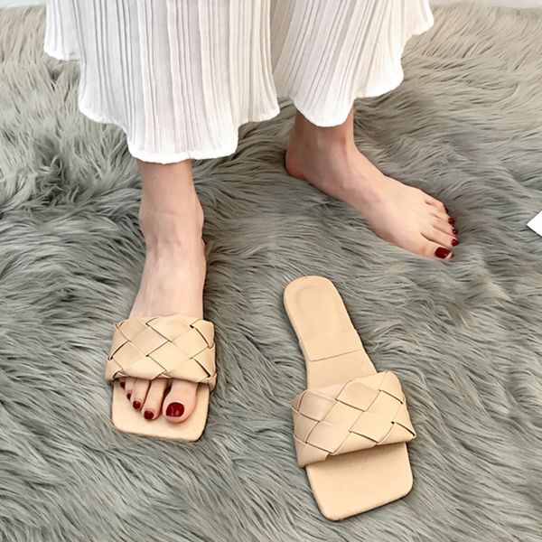 

rimocy fashion weave leather beach slippers women summer 2020 comfort soft flat with sandals woman square toe flip flops mujer, Black;white