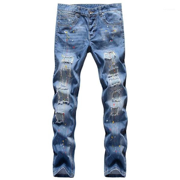 

new fashion handpainted colorful ink splash designer jeans pencil pants ripped hole skinny jeans mens spring, Blue