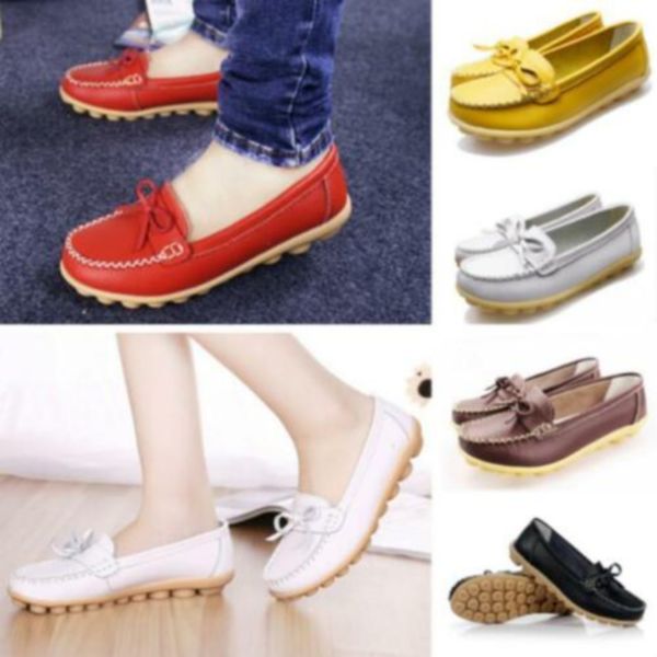 

leather solid color single shoes women middle-aged old casual fashion bow peas shoes spring and summer models flat, Black