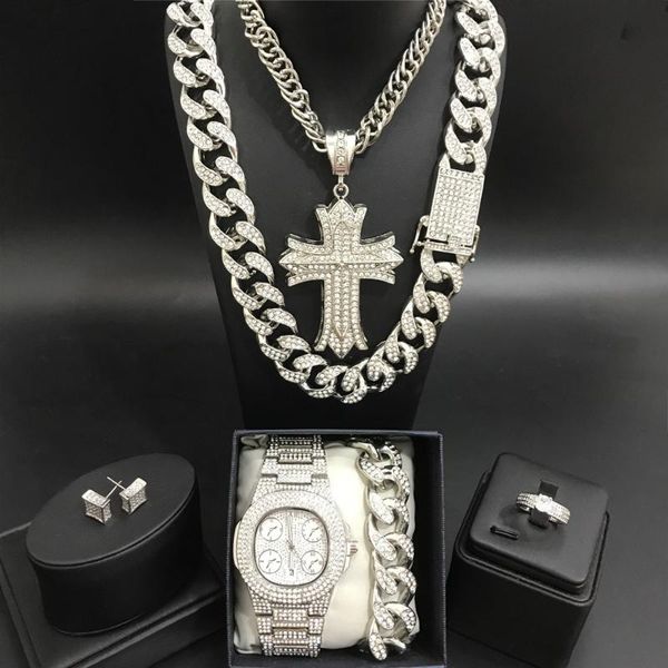 

hip hop men silver цвет кубинский neckalce роскошные мужские часы ожерелье braclete кольца серьги combo set out кубинский для