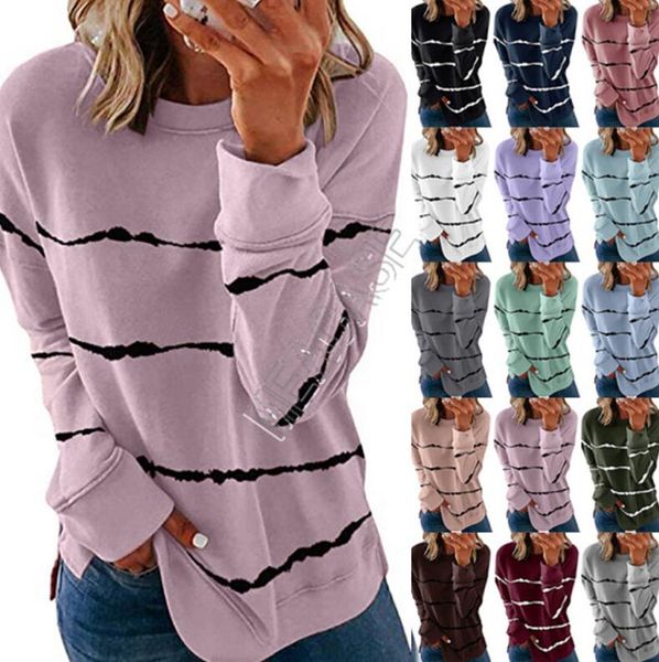 

плюс размер женщина толстовка tie окрашенной печати полосатой осень crew neck пуловер сыпучая толстовка дама с длинными рукавами tops футбол, White