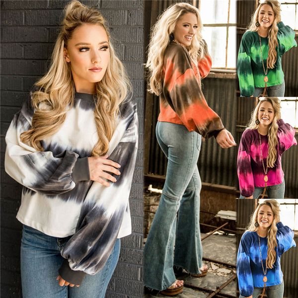 

tie dye lantern sleeve hoodies womens causal autumn clothing o neck pullover loose women sweatshirts dropshipping, Black