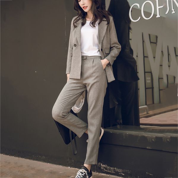 

women's two piece pants arrival women notched long sleeve blazer elastic waist straight 2 set female casual suit s98304f, White