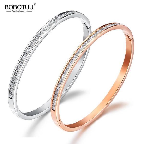 

bobotuu classic stainless steel rose gold color cubic zirconia cuff bangles bracelet lovers jewelry valentine's day gift bb18047, Black