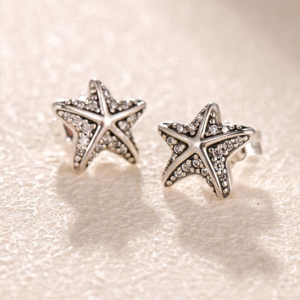 

new authentic 925 sterling silver starfish earrings set original box for pandora fashion jewelry cz diamond stud earring for women, Golden;silver