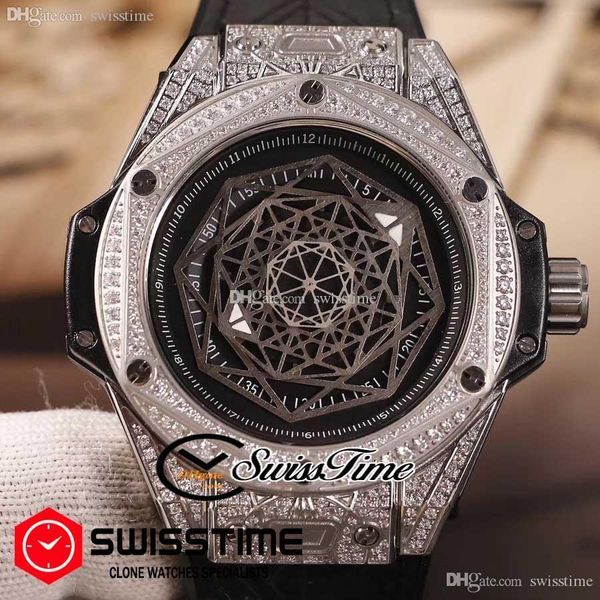 

sale miyota 8215 automatic mens watch silver diamond case tattoos celestial black dial white black rubber strap swisstime he05a1, Slivery;brown