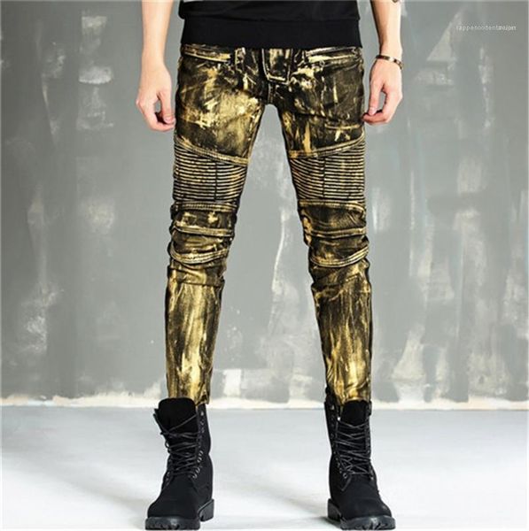 

metallic luster skinny pencil pants zipper fly vintage hemme coated jeans mens designer jeans fashion light, Blue