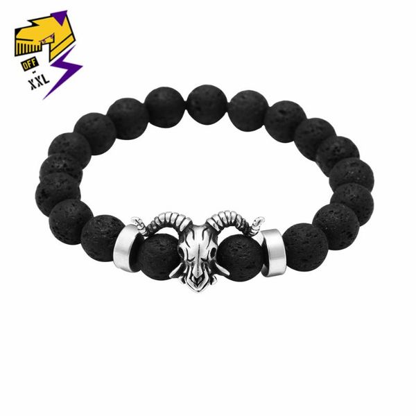 

beaded, strands diy hole bead goat bracelets stainless steel men punk jewelry elastic rope black volcanic stone charm bracelet women